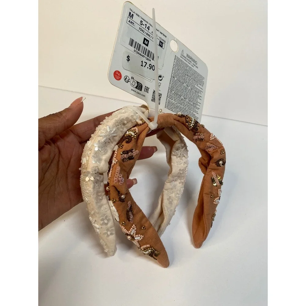 Zara Headband Set Girls M Beaded Floral Cream Orange 2 Pack NWT Boho Cottage